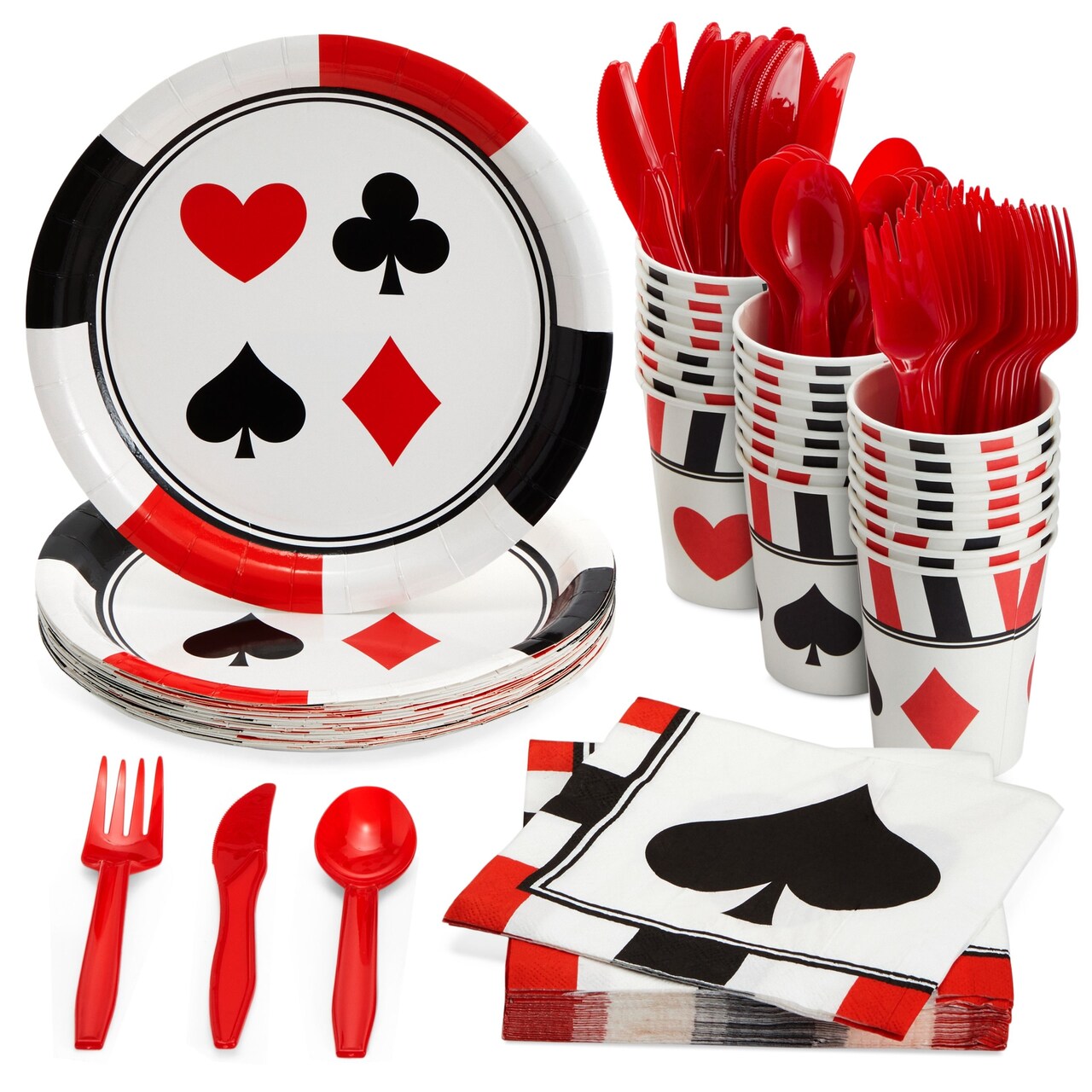 144 Piece Casino Theme Birthday Party Decorations, Dinnerware Set with Plates, Napkins, Cups, Cutlery (Serves 24)